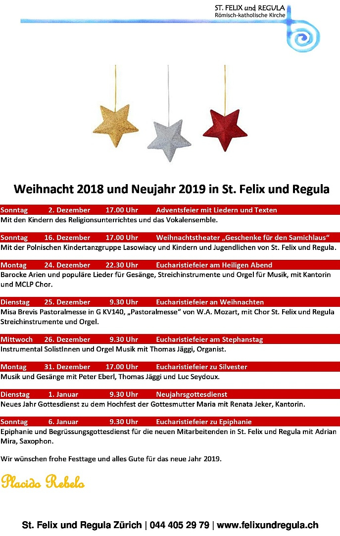 Flyer Weihnachten 2018 und Neujahr 2019 in St. Felix und Regula